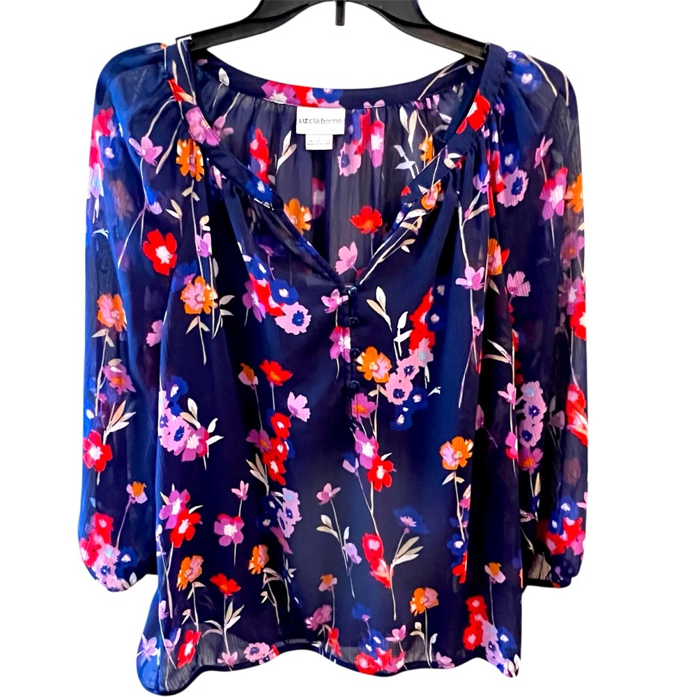 Navy Long Sleeve Floral Multicolor Sheer Blouse with Navy Tank by Liz Claiborne.